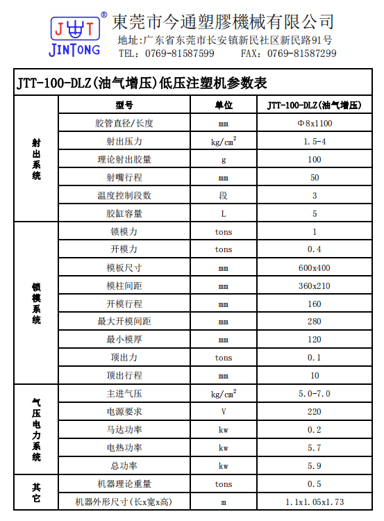 JTT-100-DLZ(油气增压)低压注塑机参数表